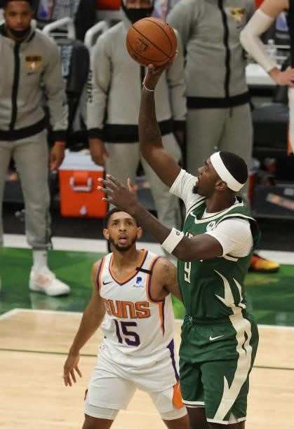 Bobby Portis of the Milwaukee Bucks takes a jump shot during the first half in Game Three of the NBA Finals against the Phoenix Suns at Fiserv Forum...