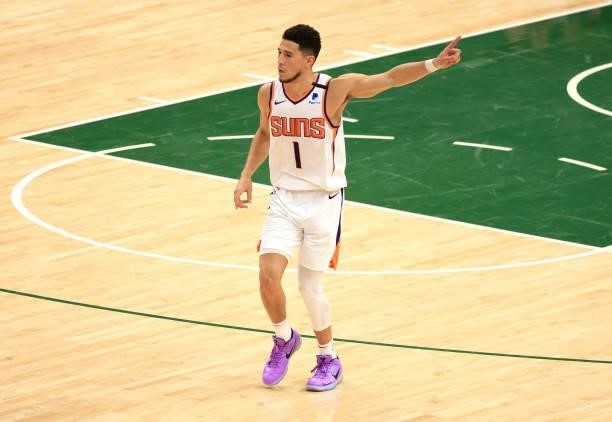 Devin Booker of the Phoenix Suns during the first half in Game Three of the NBA Finals against the Milwaukee Bucks at Fiserv Forum on July 11, 2021...