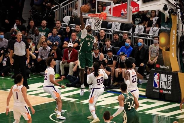 Bobby Portis of the Milwaukee Bucks goes up for a dunk during the first half in Game Three of the NBA Finals against the Phoenix Suns at Fiserv Forum...