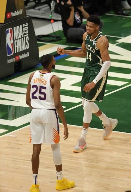 Giannis Antetokounmpo of the Milwaukee Bucks celebrates during the first half in Game Three of the NBA Finals against the Phoenix Suns at Fiserv...