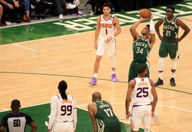 Giannis Antetokounmpo of the Milwaukee Bucks takes a free throw during the second half in Game Three of the NBA Finals against the Phoenix Suns at...