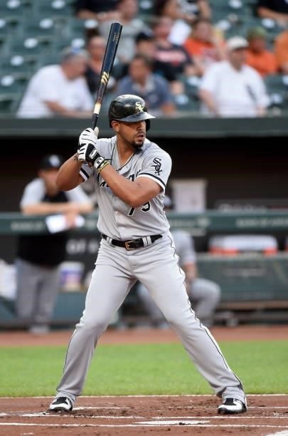 Jose Abreu of the Chicago White Sox bats against theBaltimore Orioles at Oriole Park at Camden Yards on July 09, 2021 in Baltimore, Maryland.
