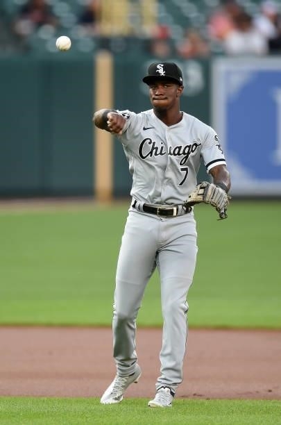 Tim Anderson of the Chicago White Sox throws the ball to first base against the Baltimore Orioles at Oriole Park at Camden Yards on July 09, 2021 in...