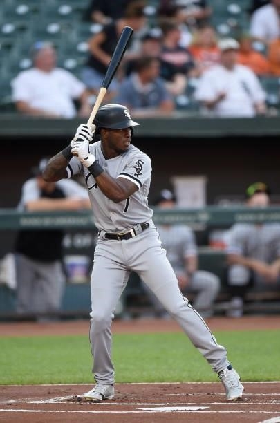 Tim Anderson of the Chicago White Sox bats against the Baltimore Orioles at Oriole Park at Camden Yards on July 09, 2021 in Baltimore, Maryland.