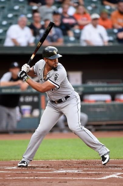 Jose Abreu of the Chicago White Sox bats against theBaltimore Orioles at Oriole Park at Camden Yards on July 09, 2021 in Baltimore, Maryland.