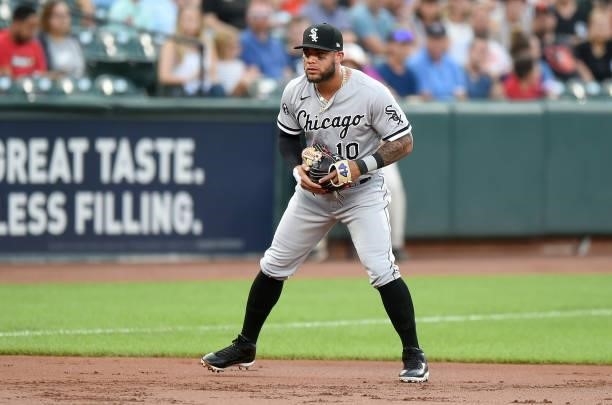 Yoan Moncada of the Chicago White Sox plays third base against the Baltimore Orioles at Oriole Park at Camden Yards on July 09, 2021 in Baltimore,...