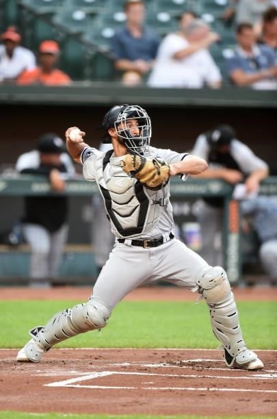 Seby Zavala of the Chicago White Sox throws the ball to second base against the Baltimore Orioles at Oriole Park at Camden Yards on July 09, 2021 in...