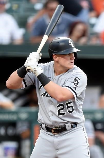 Andrew Vaughn of the Chicago White Sox bats against the Baltimore Orioles at Oriole Park at Camden Yards on July 09, 2021 in Baltimore, Maryland.