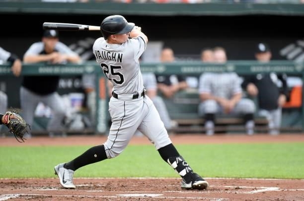 Andrew Vaughn of the Chicago White Sox bats against the Baltimore Orioles at Oriole Park at Camden Yards on July 09, 2021 in Baltimore, Maryland.