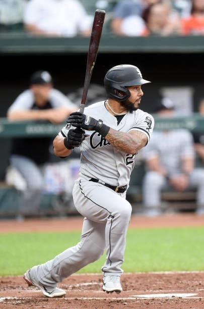 Leury Garcia of the Chicago White Sox bats against the Baltimore Orioles at Oriole Park at Camden Yards on July 09, 2021 in Baltimore, Maryland.