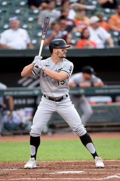 Adam Engel of the Chicago White Sox bats against the Baltimore Orioles at Oriole Park at Camden Yards on July 09, 2021 in Baltimore, Maryland.