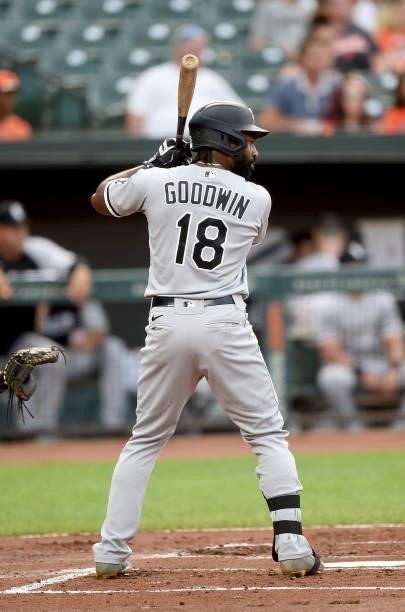 Brian Goodwin of the Chicago White Sox bats against the Baltimore Orioles at Oriole Park at Camden Yards on July 09, 2021 in Baltimore, Maryland.