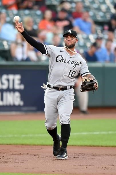 Yoan Moncada of the Chicago White Sox throws the ball to first base against the Baltimore Orioles at Oriole Park at Camden Yards on July 09, 2021 in...