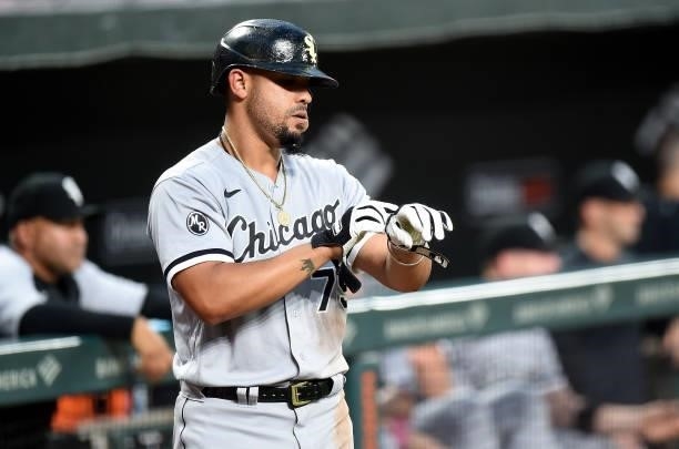 Jose Abreu of the Chicago White Sox gets ready to bat against the Baltimore Orioles at Oriole Park at Camden Yards on July 09, 2021 in Baltimore,...