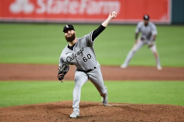 Dallas Keuchel of the Chicago White Sox pitches against the Baltimore Orioles at Oriole Park at Camden Yards on July 09, 2021 in Baltimore, Maryland.