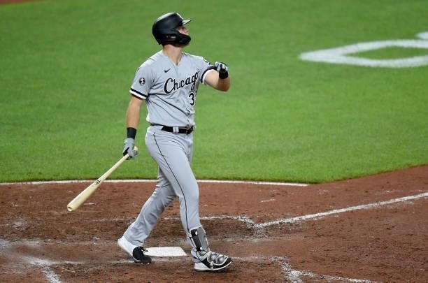 Gavin Sheets of the Chicago White Sox hits a home run in the seventh inning against the Baltimore Orioles at Oriole Park at Camden Yards on July 09,...