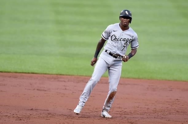 Tim Anderson of the Chicago White Sox takes a lead off of second base against the Baltimore Orioles at Oriole Park at Camden Yards on July 09, 2021...