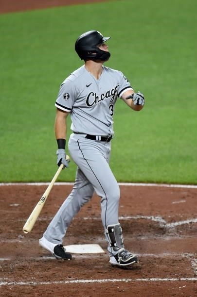Gavin Sheets of the Chicago White Sox hits a home run in the seventh inning against the Baltimore Orioles at Oriole Park at Camden Yards on July 09,...