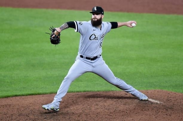 Dallas Keuchel of the Chicago White Sox pitches against the Baltimore Orioles at Oriole Park at Camden Yards on July 09, 2021 in Baltimore, Maryland.