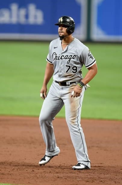 Jose Abreu of the Chicago White Sox takes a lead off of first base against the Baltimore Orioles at Oriole Park at Camden Yards on July 09, 2021 in...