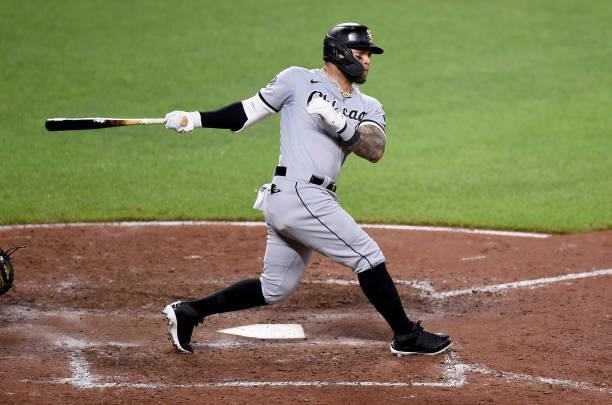 Yoan Moncada of the Chicago White Sox bats against the Baltimore Orioles at Oriole Park at Camden Yards on July 09, 2021 in Baltimore, Maryland.