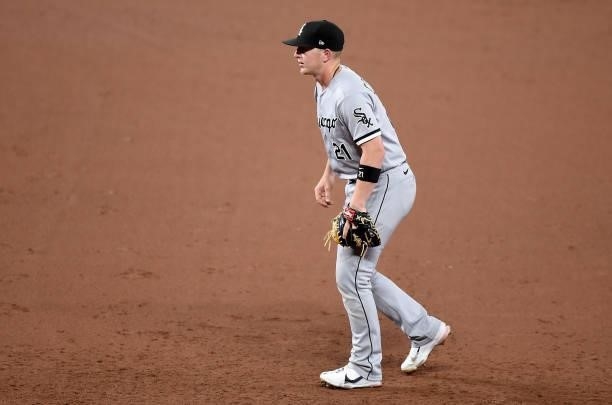 Zack Collins of the Chicago White Sox plays first base against the Baltimore Orioles at Oriole Park at Camden Yards on July 09, 2021 in Baltimore,...