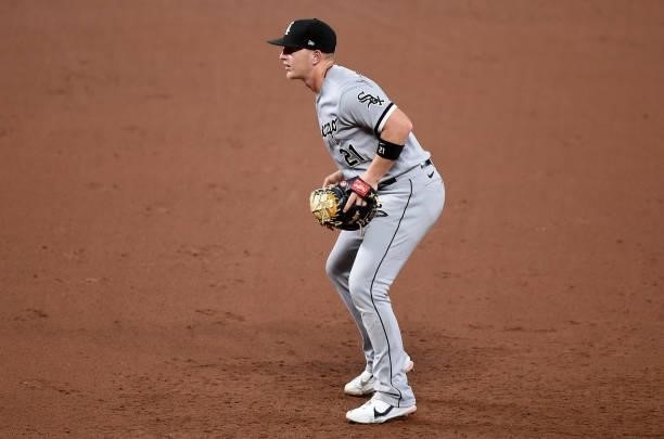 Zack Collins of the Chicago White Sox plays first base against the Baltimore Orioles at Oriole Park at Camden Yards on July 09, 2021 in Baltimore,...