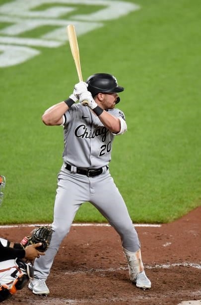 Danny Mendick of the Chicago White Sox bats against the Baltimore Orioles at Oriole Park at Camden Yards on July 09, 2021 in Baltimore, Maryland.
