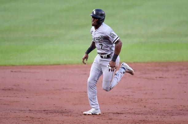 Tim Anderson of the Chicago White Sox runs the bases against the Baltimore Orioles at Oriole Park at Camden Yards on July 09, 2021 in Baltimore,...