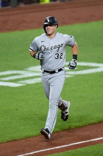 Gavin Sheets of the Chicago White Sox rounds the bases after hitting a home run in the seventh inning against the Baltimore Orioles at Oriole Park at...