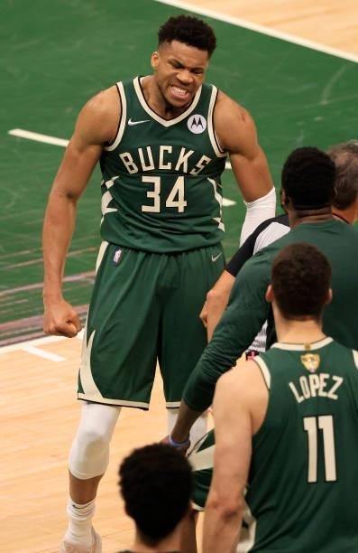Giannis Antetokounmpo of the Milwaukee Bucks celebrates during the second half in Game Three of the NBA Finals against the Phoenix Suns at Fiserv...