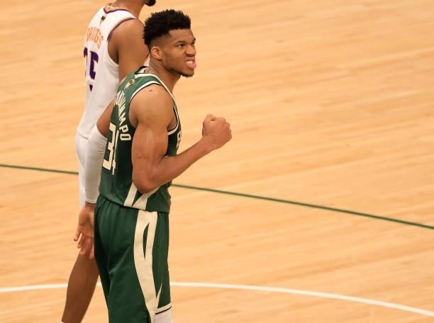 Giannis Antetokounmpo of the Milwaukee Bucks celebrates during the second half in Game Three of the NBA Finals against the Phoenix Suns at Fiserv...