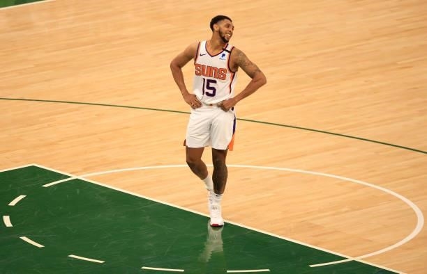 Cameron Payne of the Phoenix Suns smiles during the second half in Game Three of the NBA Finals against the Milwaukee Bucks at Fiserv Forum on July...
