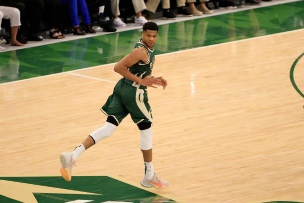 Giannis Antetokounmpo of the Milwaukee Bucks during the second half in Game Three of the NBA Finals against the Phoenix Suns at Fiserv Forum on July...