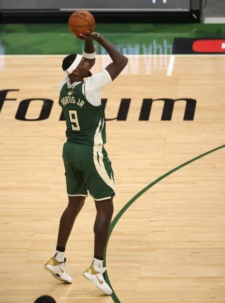 Bobby Portis of the Milwaukee Bucks shoots against the Phoenix Suns during the second half in Game Three of the NBA Finals at Fiserv Forum on July...