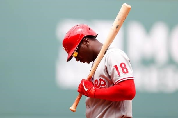 Didi Gregorius of the Philadelphia Phillies looks on during the second inning against the Boston Red Sox at Fenway Park on July 11, 2021 in Boston,...