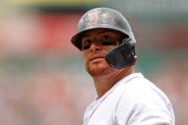 Christian Vazquez of the Boston Red Sox looks on during the second inning against the Philadelphia Phillies at Fenway Park on July 11, 2021 in...