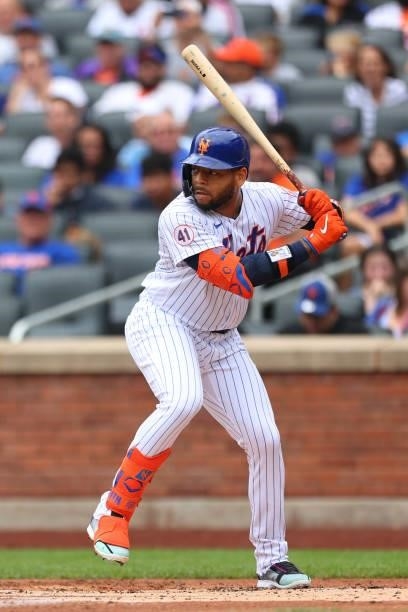 Dominic Smith of the New York Mets in action against the Pittsburgh Pirates during a game at Citi Field on July 11, 2021 in New York City.