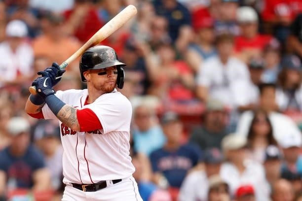 Christian Vazquez of the Boston Red Sox at bat against the Philadelphia Phillies during the eighth inning at Fenway Park on July 11, 2021 in Boston,...