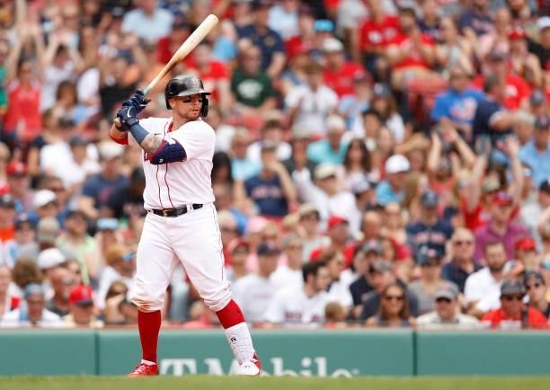 Christian Vazquez of the Boston Red Sox at bat against the Philadelphia Phillies during the eighth inning at Fenway Park on July 11, 2021 in Boston,...