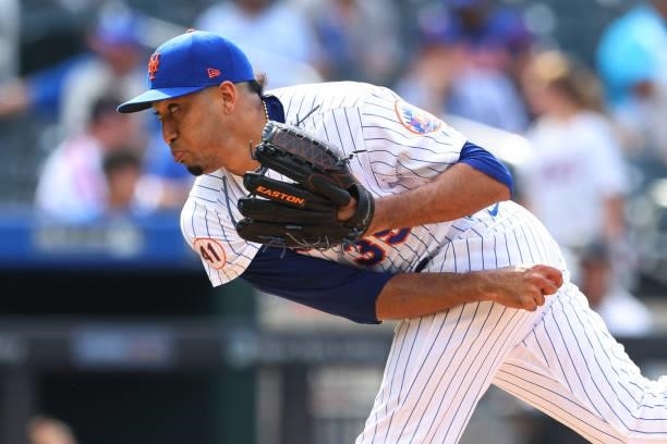 Edwin Diaz of the New York Mets in action against the Pittsburgh Pirates during a game at Citi Field on July 11, 2021 in New York City.