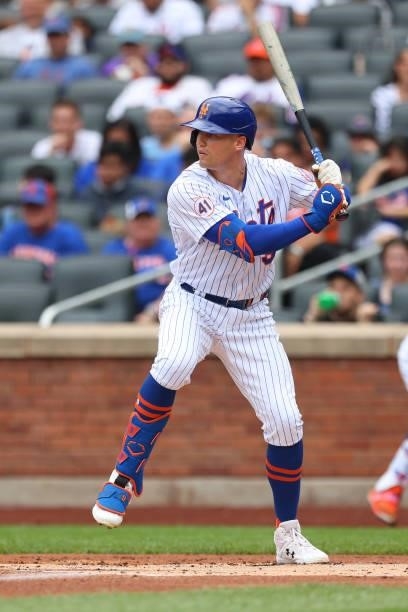 Brandon Nimmo of the New York Mets in action against the Pittsburgh Pirates during a game at Citi Field on July 11, 2021 in New York City.
