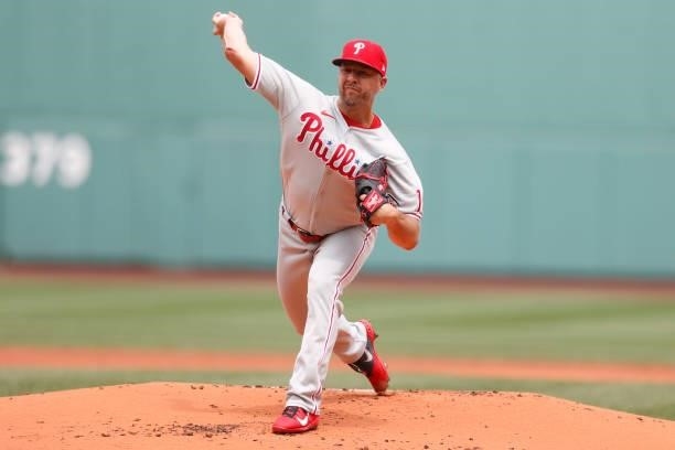 Starting pitcher Brandon Kintzler of the Philadelphia Phillies throws against the Boston Red Sox during the first inning at Fenway Park on July 11,...