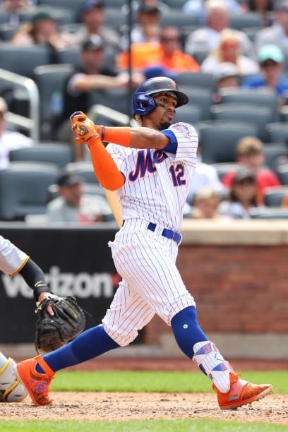 Francisco Lindor of the New York Mets in action against the Pittsburgh Pirates during a game at Citi Field on July 11, 2021 in New York City.