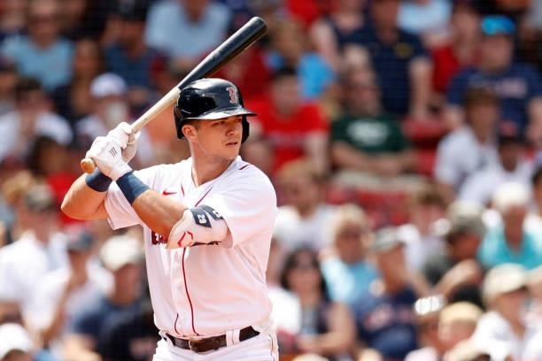 Bobby Dalbec of the Boston Red Sox at bat during the eighth inning against the Philadelphia Phillies at Fenway Park on July 11, 2021 in Boston,...