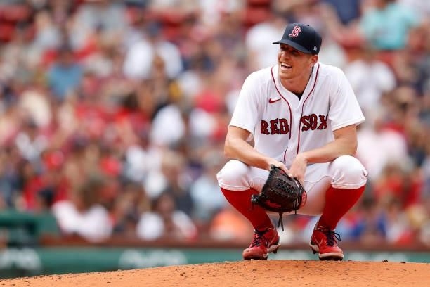Starting pitcher Nick Pivetta of the Boston Red Sox looks on from the pitchers mound during the fourth inning against the Philadelphia Philliesat...