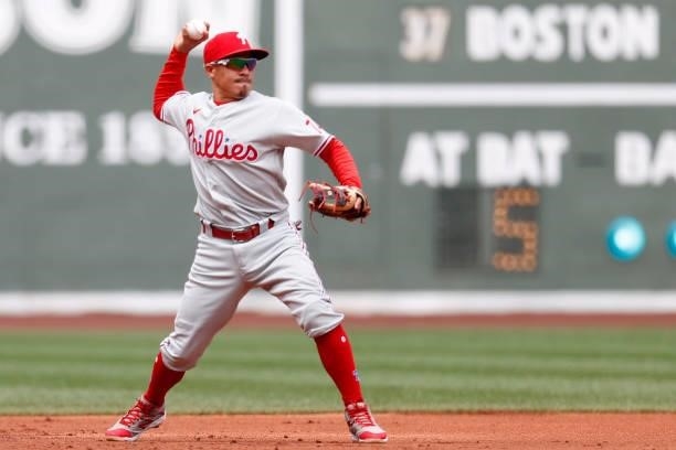 Ronald Torreyes of the Philadelphia Phillies throws to first during the first inning against the Boston Red Sox at Fenway Park on July 11, 2021 in...