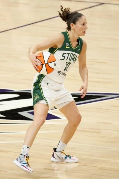 Sue Bird of the Seattle Storm handles the ball during the first half of the WNBA game at Phoenix Suns Arena on July 09, 2021 in Phoenix, Arizona....