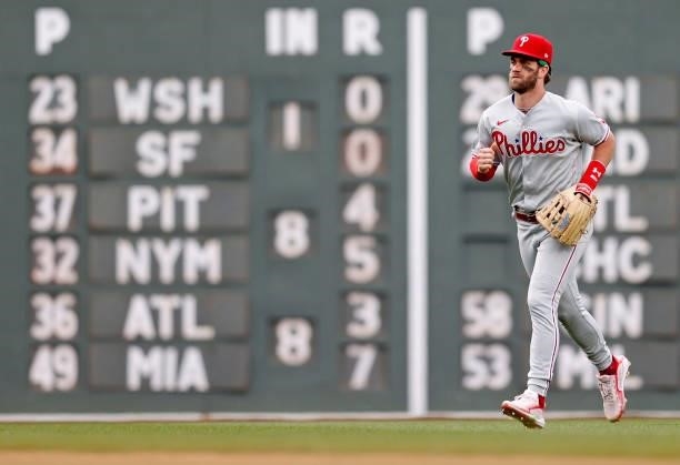Bryce Harper of the Philadelphia Phillies leaves the field after the Phillies defeat the Boston Red Sox 5-4 at Fenway Park on July 11, 2021 in...