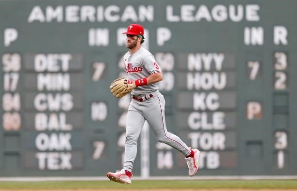 Bryce Harper of the Philadelphia Phillies leaves the field after the Phillies defeat the Boston Red Sox 5-4 at Fenway Park on July 11, 2021 in...